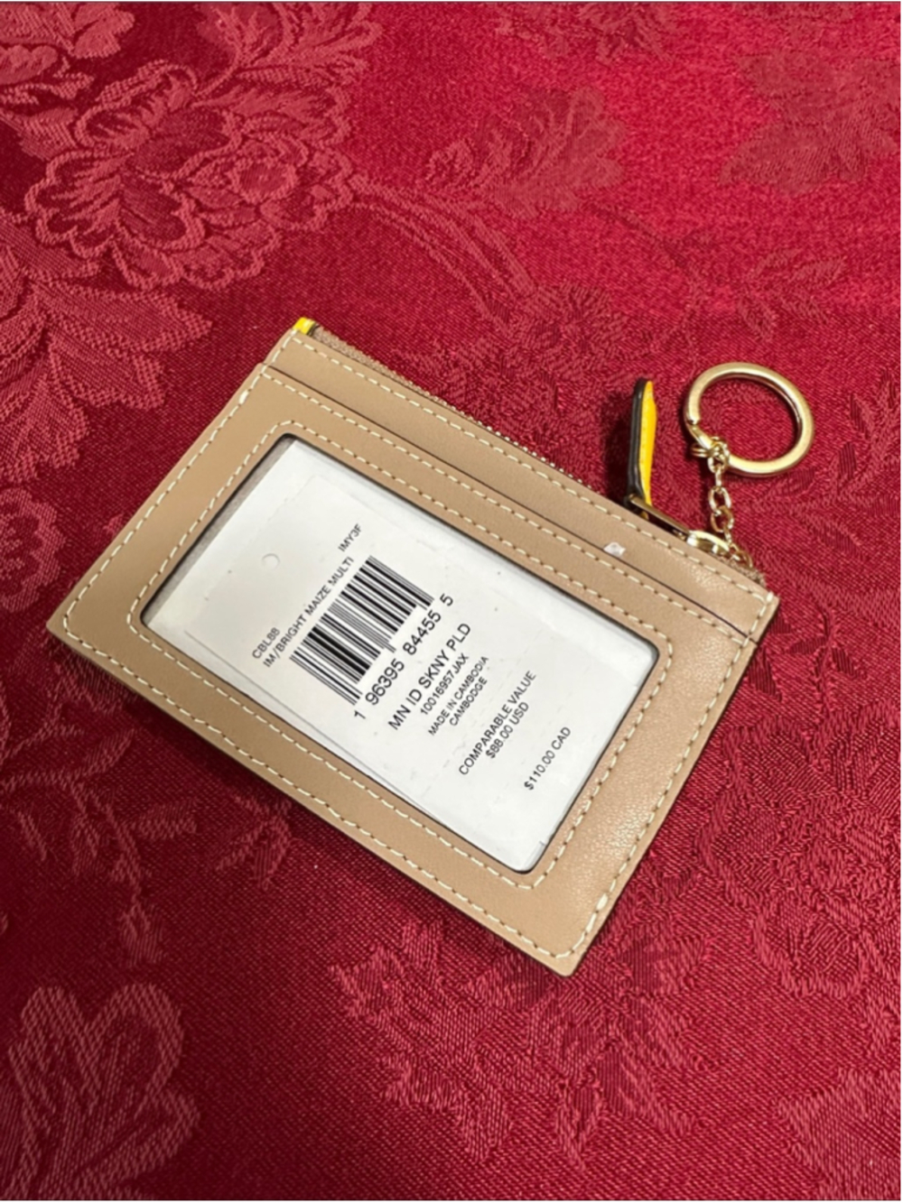 Coach Tan Leather & Yellow Plaid Card Zip Pouch w/ Key Ring - Picture 2 of 3